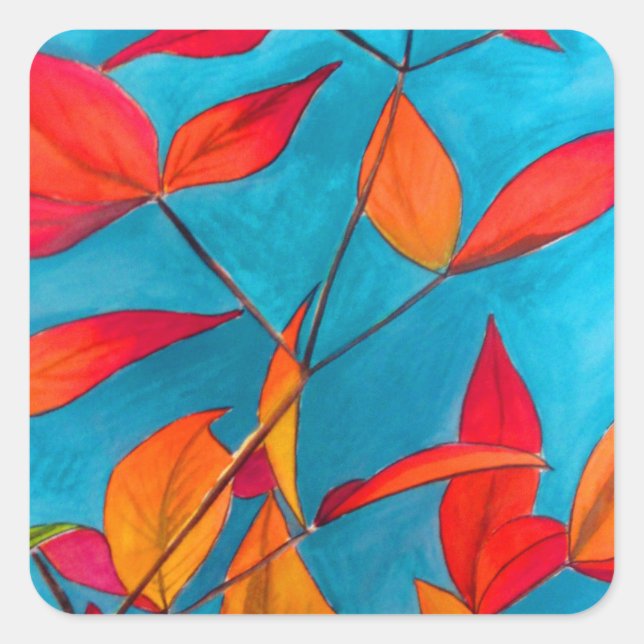 Orange leaves Autumn original watercolour art Square Sticker (Front)