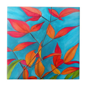 Orange leaves Autumn original watercolour art Tile