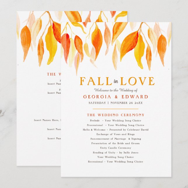 Orange leaves falling watercolor autumnal wedding  programme (Front/Back)