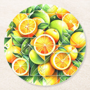 Orange Lemon Botanical Citrus Geometric Round Paper Coaster