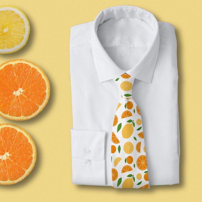 Orange & Lemon Pattern White Tie (Orange & Lemon Pattern White Neck Tie)