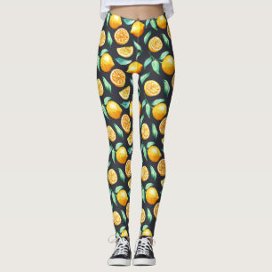 Orange Lemons Green Leaves Black Leggings