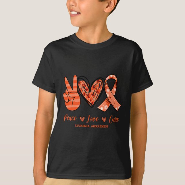 Orange Leopard Peace Love Cure Leukaemia Awareness T-Shirt (Front)