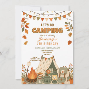 Orange Let's Go Camping Birthday Outdoor Adventure Invitation