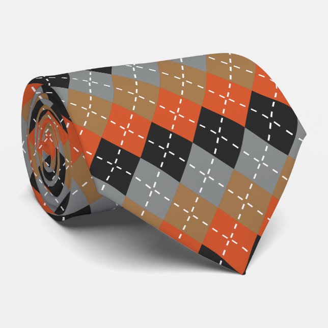 Orange Light Grey Tan Off Black Argyle Tie (Rolled)