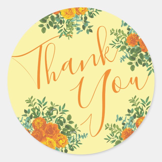 Orange & Light Yellow Peony & Rose Floral Wedding Classic Round Sticker (Front)