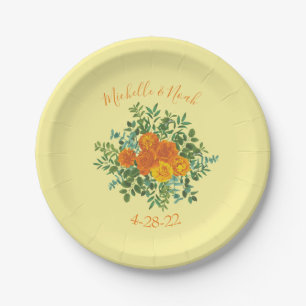 Orange & Light Yellow Peony & Rose Floral Wedding Paper Plate