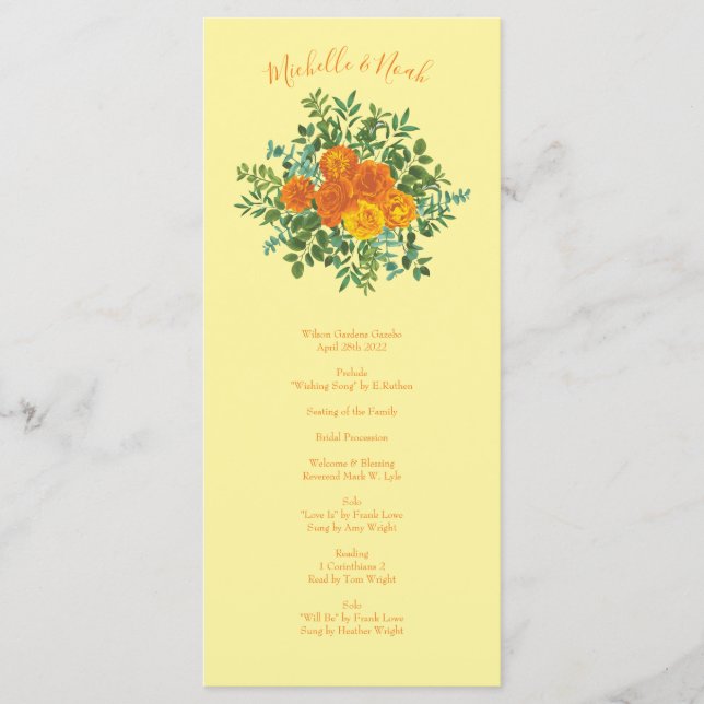 Orange Light Yellow Peony Rose Wedding Programs Menu (Front)