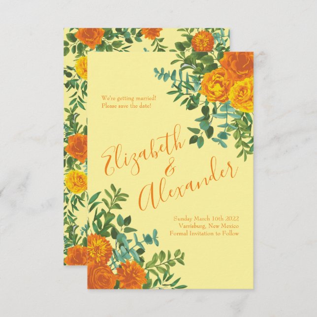 Orange Light Yellow Peony Rose Wedding Save Date Invitation (Front/Back)