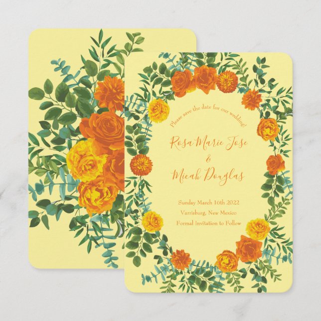 Orange & Light Yellow Peony Rose Wedding Save Date Invitation (Front/Back)
