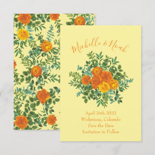 Orange & Light Yellow Peony Rose Wedding Save Date Invitation