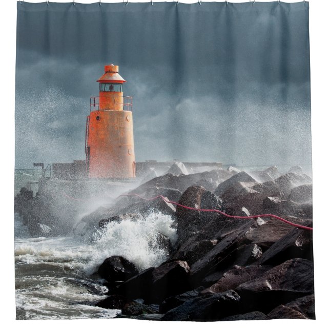 ORANGE LIGHTHOUSE ON ROCK SHOWER CURTAIN (Front)