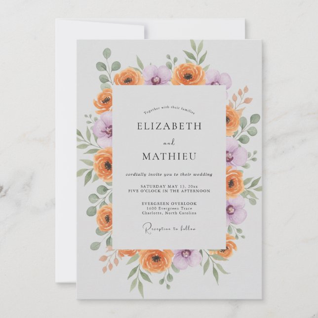 Orange Lilac Ranunculus Eucalyptus Wedding Invitation (Front)