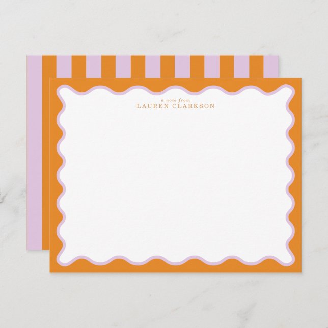 Orange & Lilac Wavy Frame Note Card with Striped E (Front/Back)