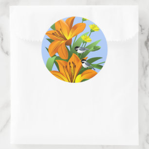 Orange Lilies and Chickadee Classic Round Sticker
