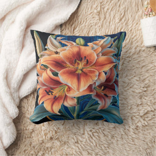 Orange Lilies Bloom on Blue Cushion