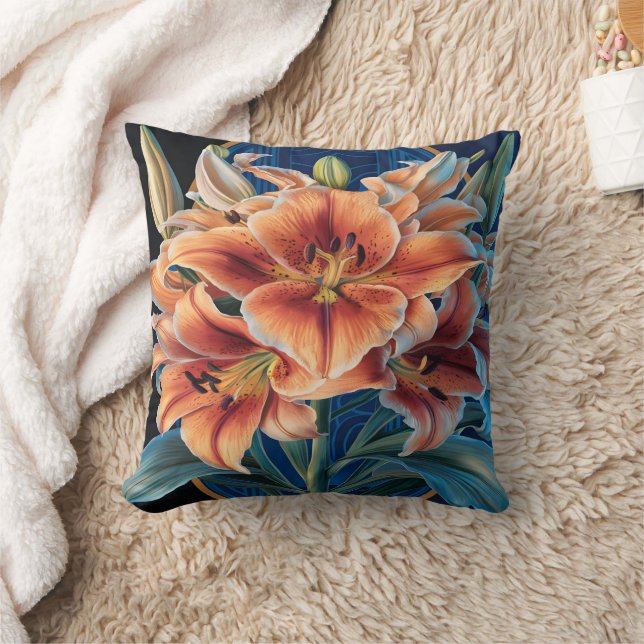 Orange Lilies Bloom on Blue Cushion (Blanket)