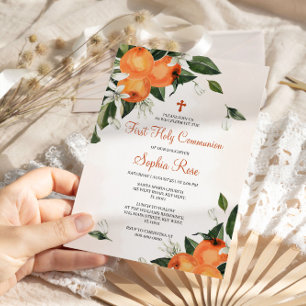 Orange & Lilies Floral First Holy Communion Invitation