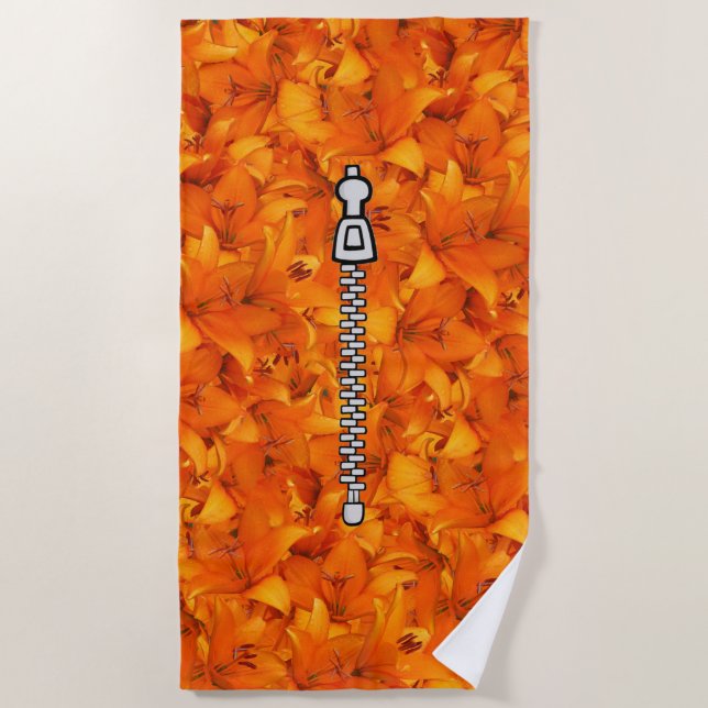 Orange Lilies with Zip Locker Beach Towel (Front)