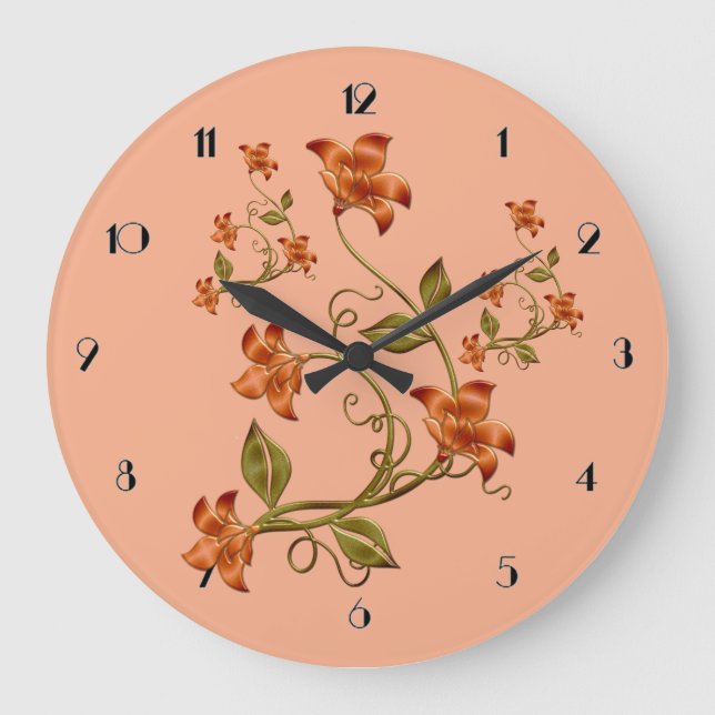 Orange Lillies Floral Pattern Peach Wall Clock (Front)