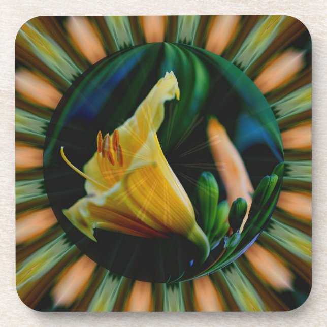 Orange Lily Abstract Floral Art Cork Coaster Set (Front)