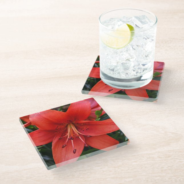 Orange Lily Bloom Floral Glass Coaster (Angled)