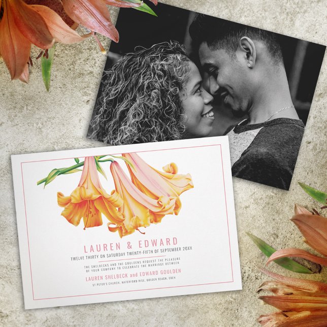 Orange lily botanical art custom photo wedding invitation (Creator Uploaded)