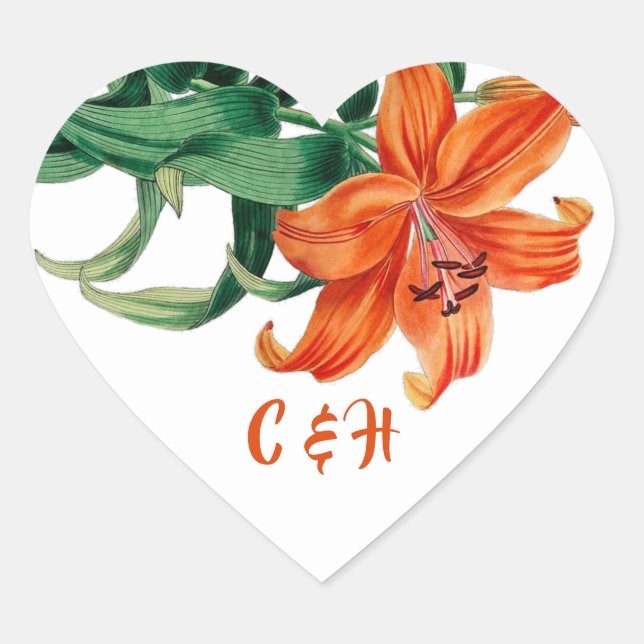 Orange Lily Floral Elegant Wedding Heart Sticker (Front)