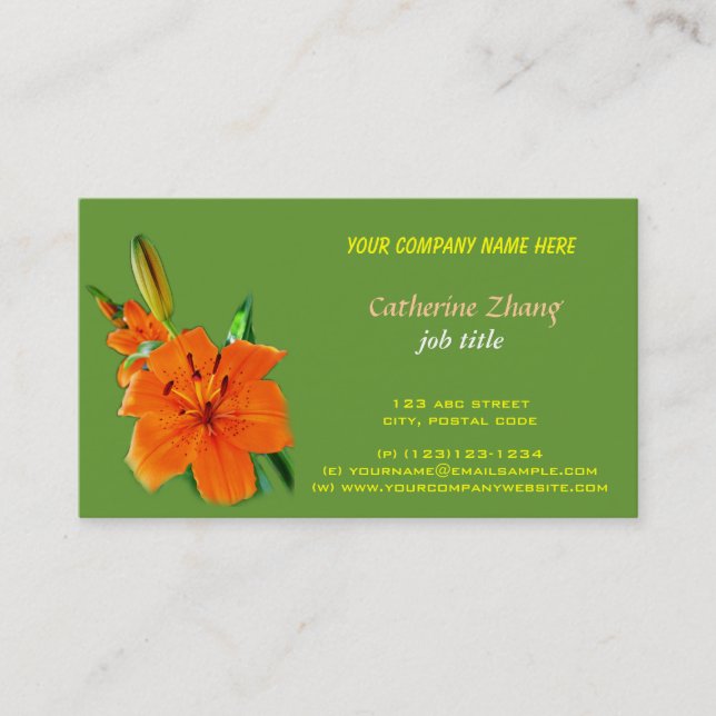 orange lily flower green business card (Front)