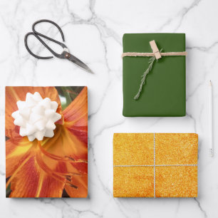 Orange Lily Flower Photo with Solid Green Glitter  Wrapping Paper Sheet