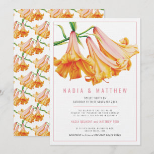 Orange lily flower watercolor wedding invitation