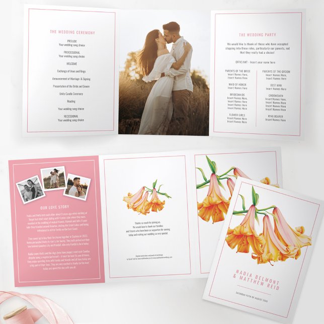Orange lily flower watercolor wedding Tri-Fold programme (Creator Uploaded)