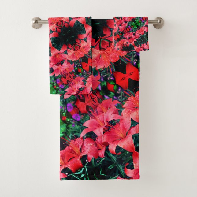 Orange Lily Flowers Abstract Art Pattern     Bath Towel Set (Insitu)