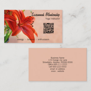 Orange Lily Photo Custom QR Code Yoga Instructor Business Card