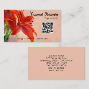 Orange Lily Photo Custom QR Code Yoga Instructor Business Card