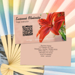 Orange Lily Photo Custom QR Code Yoga Instructor Business Card