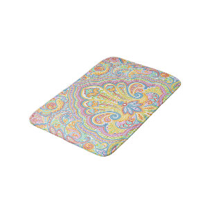 Orange Lime Green Pink Paisley Floral Art Motif Bath Mat