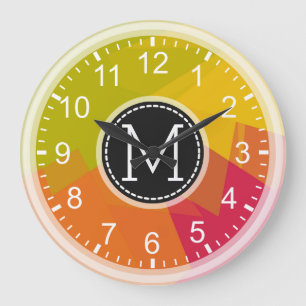 Orange Lime Yellow Mosaic Modern Monogram Large Clock