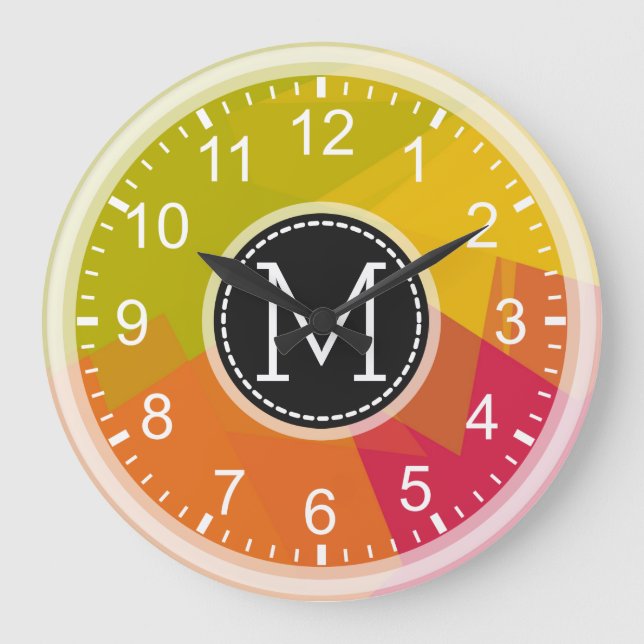 Orange Lime Yellow Mosaic Modern Monogram Large Clock (Front)