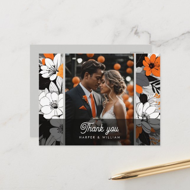 Orange lineart flowers wedding photo thank you postcard (Front/Back In Situ)