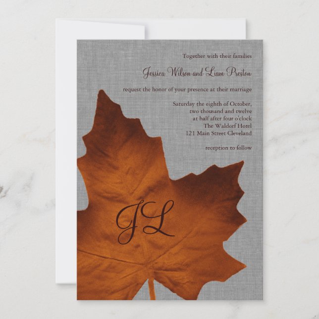 Orange Linen Monogrammed Wedding Invitation (Front)