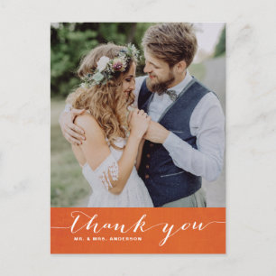Orange Linen   Script Thank You Vertical Postcard