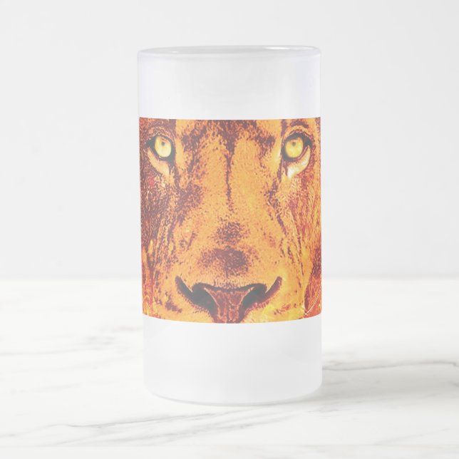 Orange Lion Face Frosted Glass Beer Mug (Center)