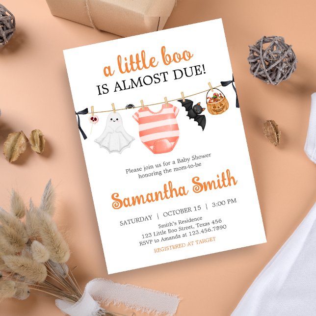 Orange Little Boo Baby Shower Invitation (A Little Boo Is Almost Due Clothesline Baby Shower Invitation)
