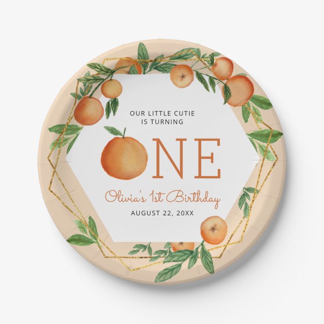 Orange Little Cutie 1st Birthday Paper Plate (Front)