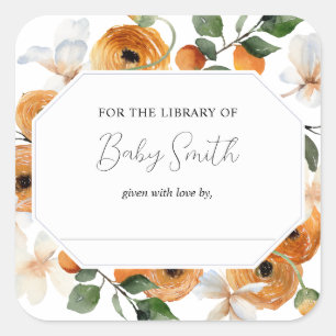 Orange Little Cutie Baby Shower Bookplate Square Sticker