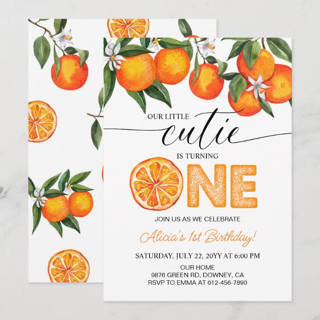 Orange Little Cutie Citrus 1st Birthday Party Invitation (Front/Back)
