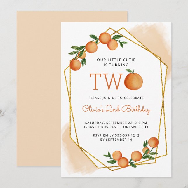 Orange Little Cutie Citrus 2nd Birthday Party Invitation (Front/Back)