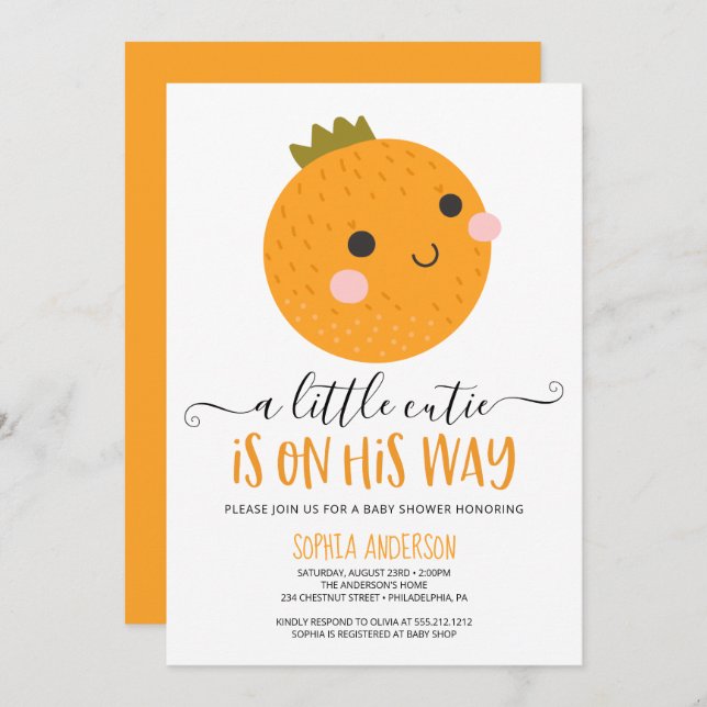 Orange Little Cutie Citrus Modern Boy Baby Shower Invitation (Front/Back)