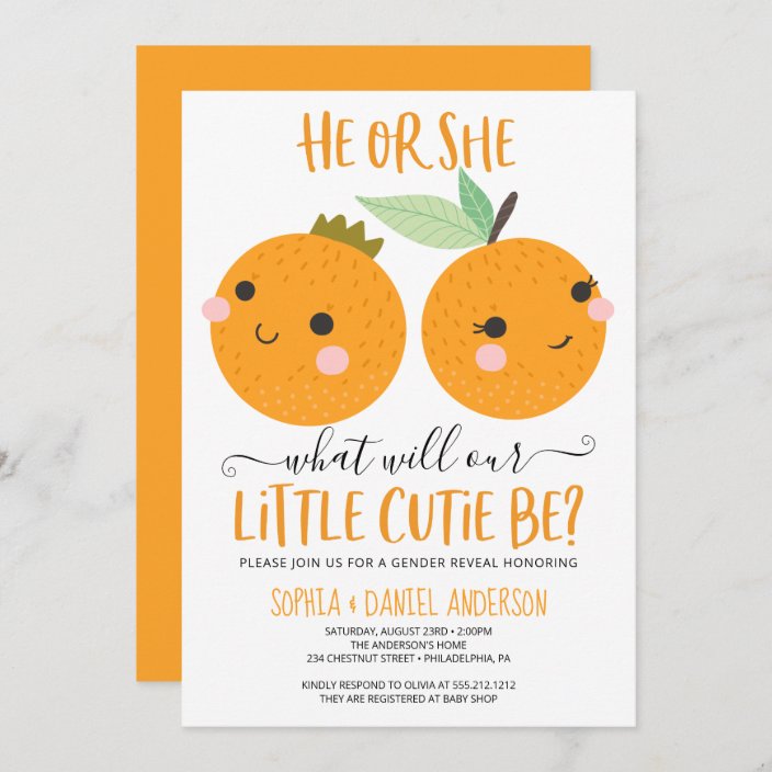 Orange Little Cutie Citrus Modern Gender Reveal Invitation Zazzle.co.uk